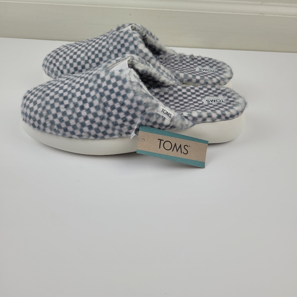 TOMS Alpargata Mallow Mule Slippers Lunar Grey Check Faux Mohair Women's size 6